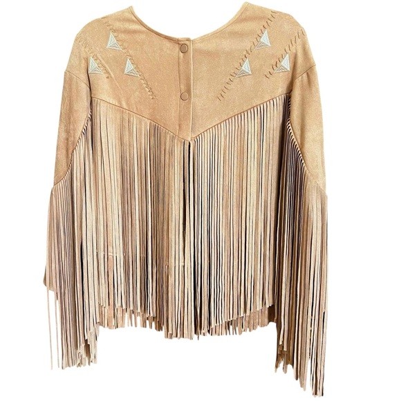 NEW blue b Light Brown Faux Suede Allover Fringe Embroidered Western Jacket S - Picture 2 of 5